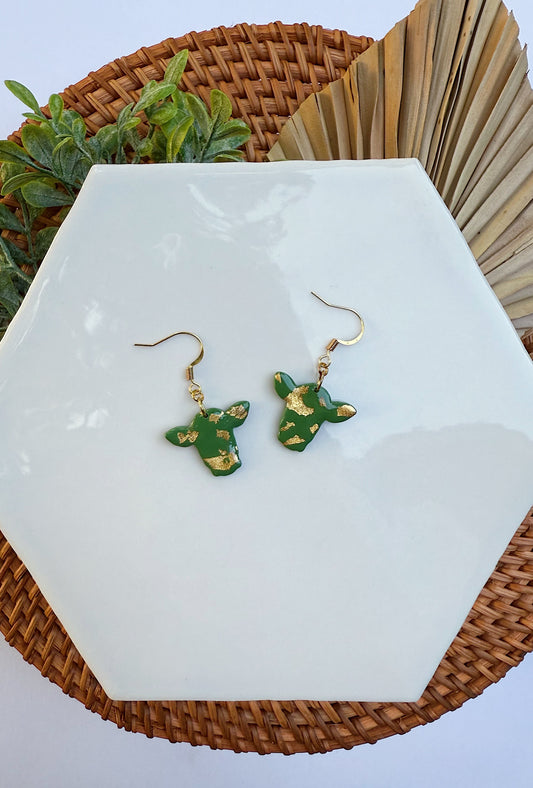Olive and Gold Leaf Cow Dangle Earrings